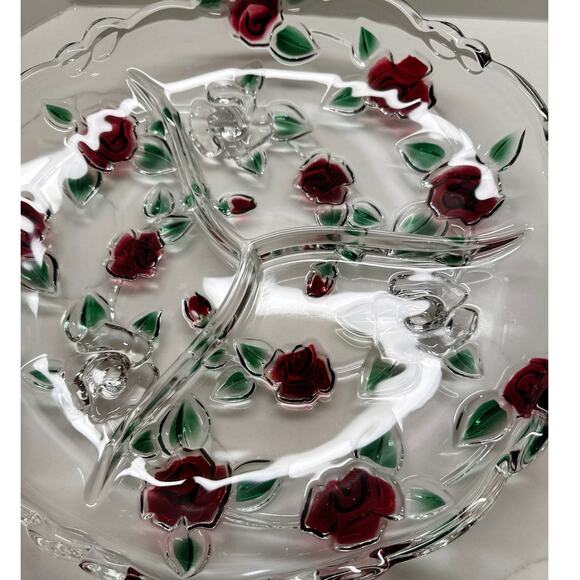 Round Mikasa Rose Garden Crystal 3-Part Divided Relish Dish 13.25” Discontinued - Picture 4 of 7
